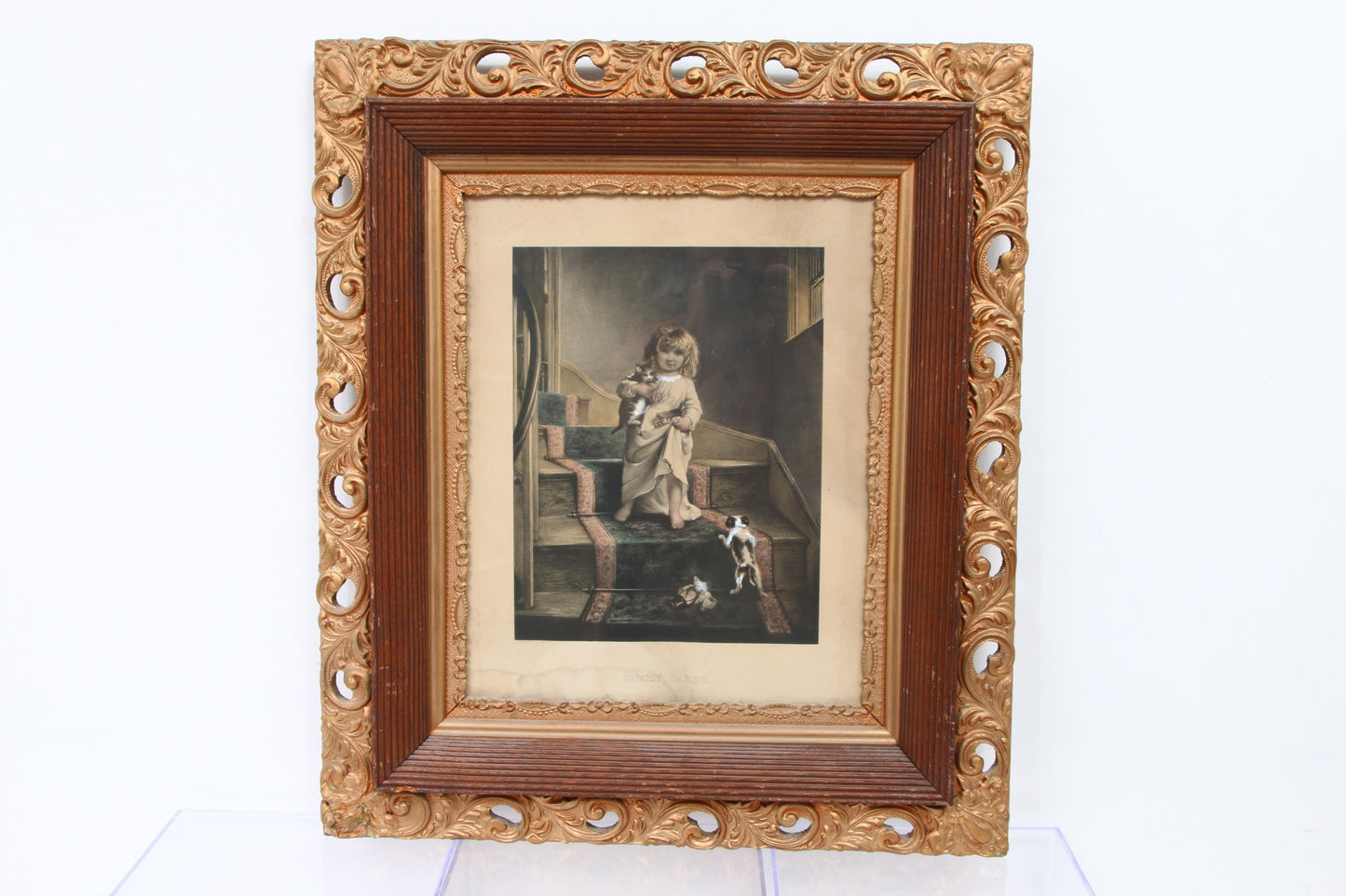Antique Victorian Engraving "Family Cares" — Alfred Lucas After E.C. Barnes — Child with Kittens in Spectacular Ornate Carved Gilt Frame