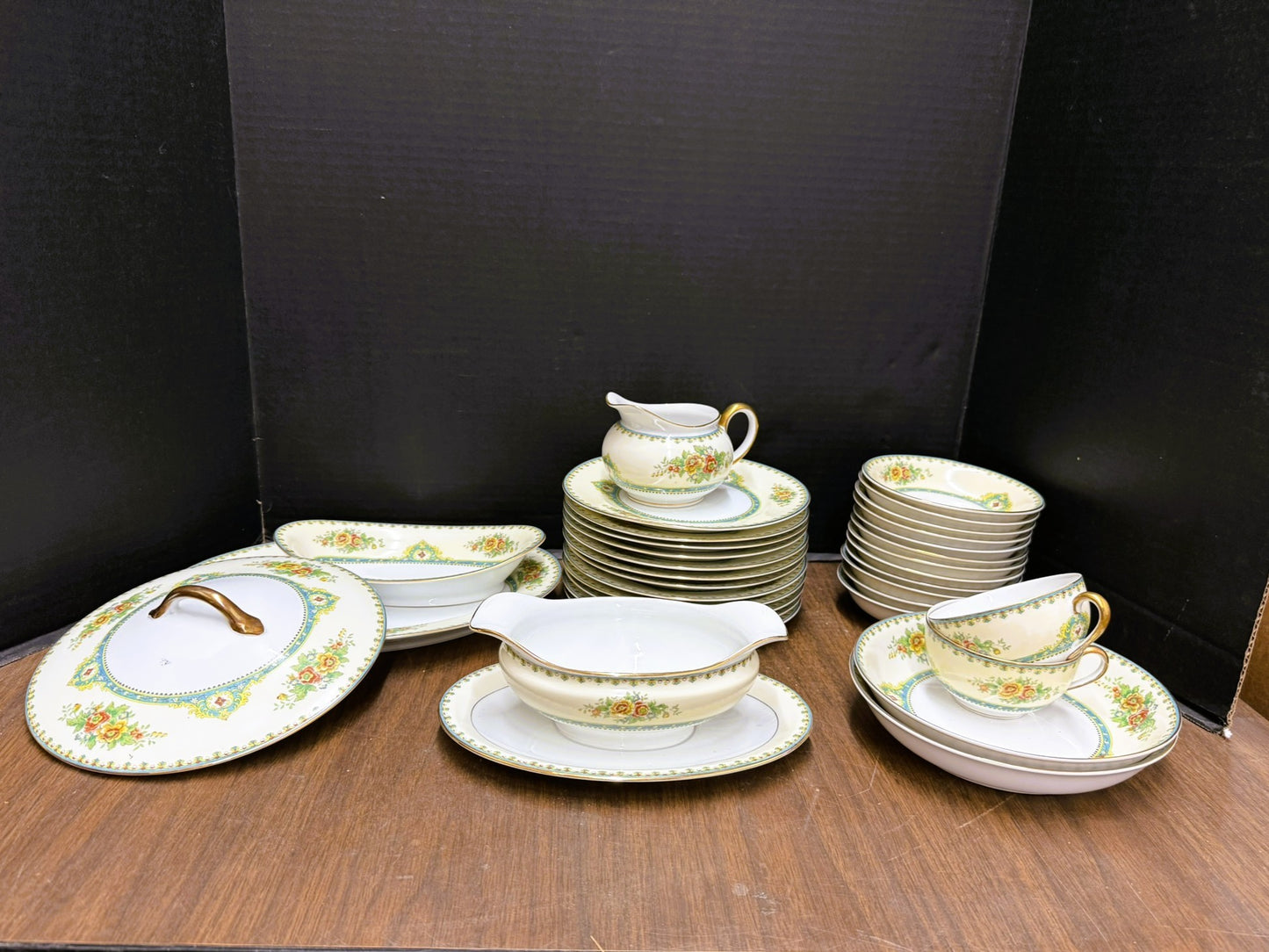 Antique Noritake Morimura "M" Mark 33-Piece China Set — Rose & Blue Garland Pattern — Pre-WWII — Plates, Bowls, Gravy Boat, Creamer & More