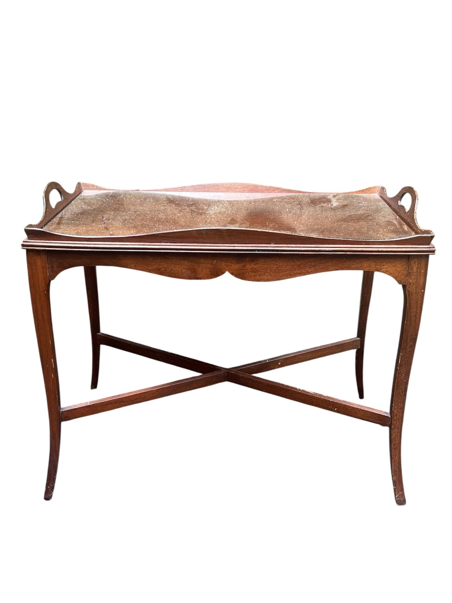 Antique Georgian-Style Mahogany Butler's Tray Top Coffee Table — Cabriole Legs, Scalloped Gallery, X-Stretcher, Glass Top