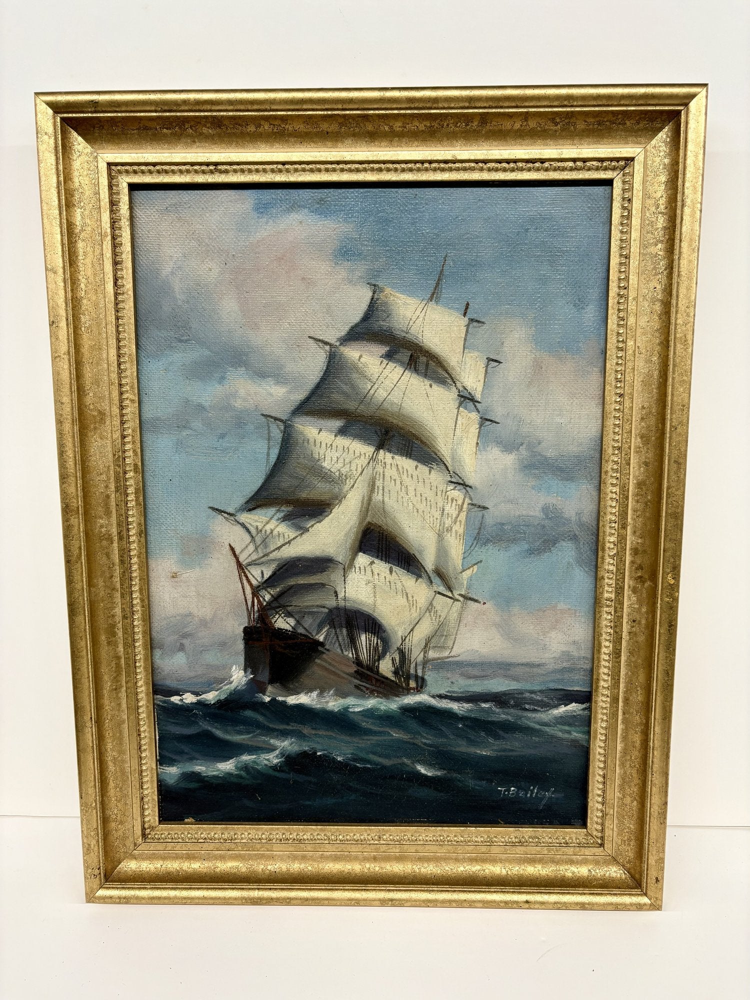 T Bailey Full Sail Ship At Sea Oil Painting In Gilt Frame 12 5 X t-bailey-full-sail-ship-at-sea-oil-painting-in-gilt-frame-12-5-x