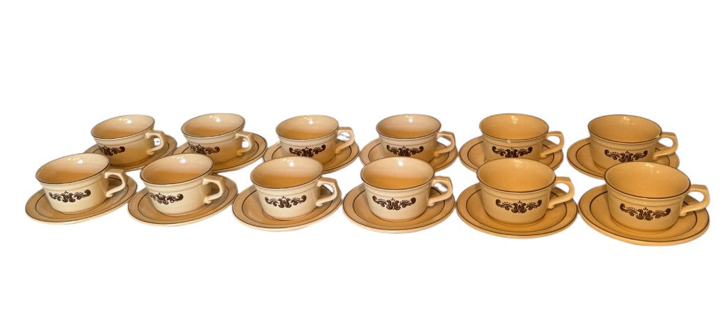 Pfaltzgraff Village Pattern 24-Piece Cup & Saucer Set — 12 Cups + 12 Saucers — Vintage 1970s American Stoneware