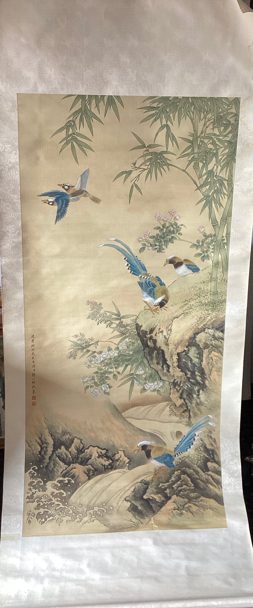Large Vintage Chinese Hanging Scroll — Birds, Bamboo & Peonies | Artist Signed & Sealed | 32" × 83"