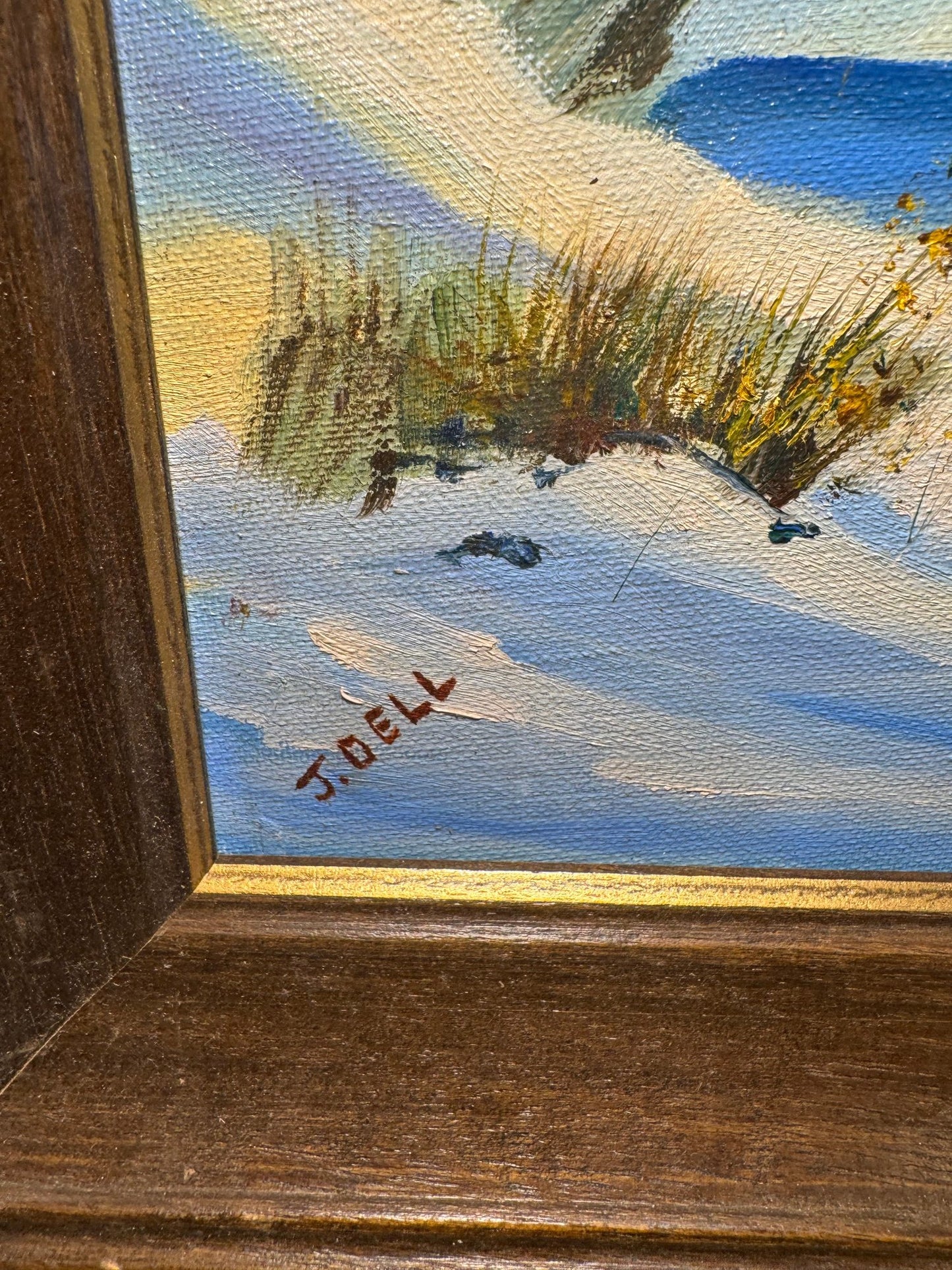 Cape Cod Sand Dunes – Original Oil Painting Signed J. Dell, 17″ × 14″ (Framed)