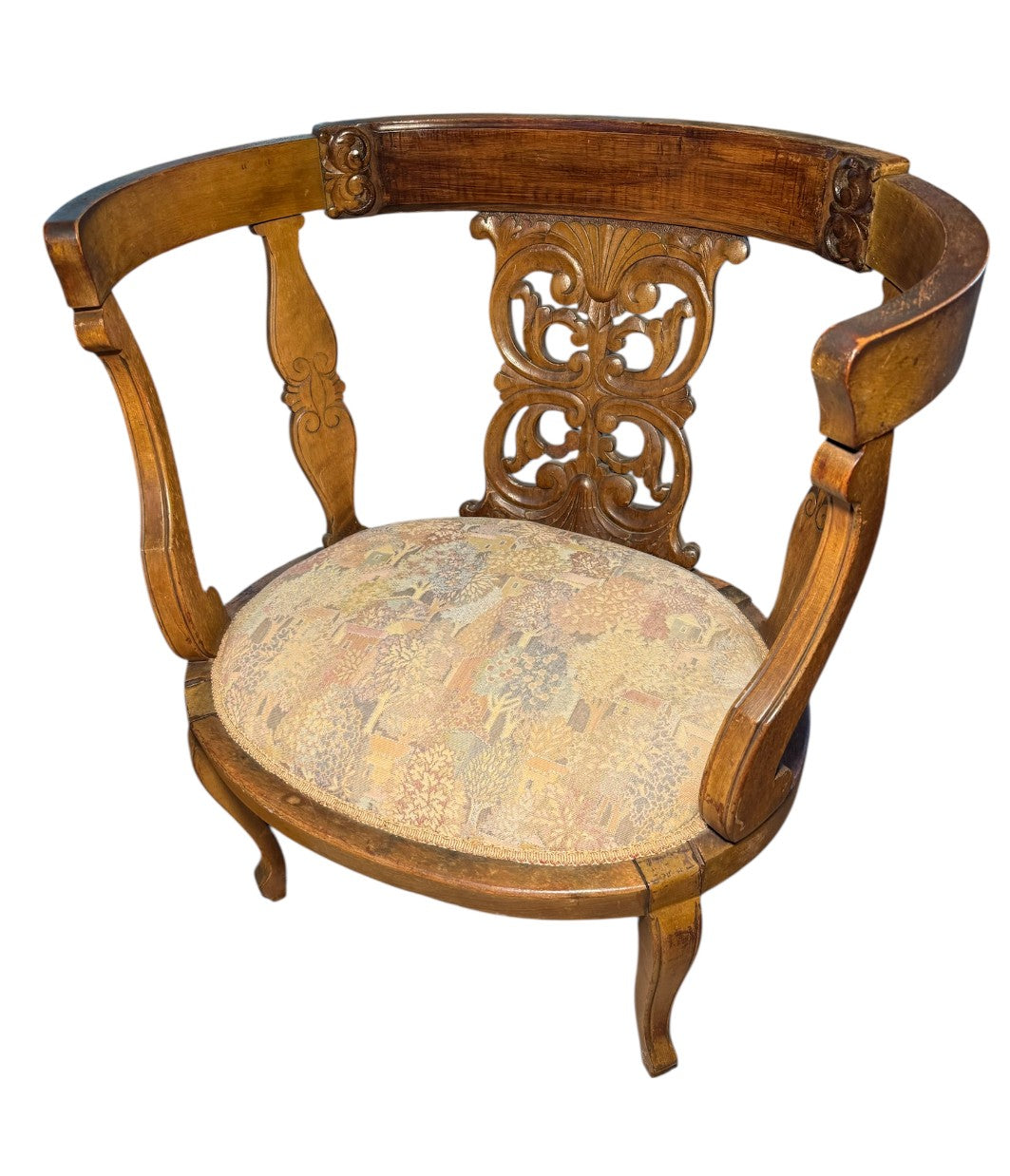 Matched 2-Piece Antique Victorian Carved Walnut Barrel Back Parlor Suite — Settee & Armchair — Pierced Acanthus Splats, Cabriole Legs, Period Upholstery — 19th Century