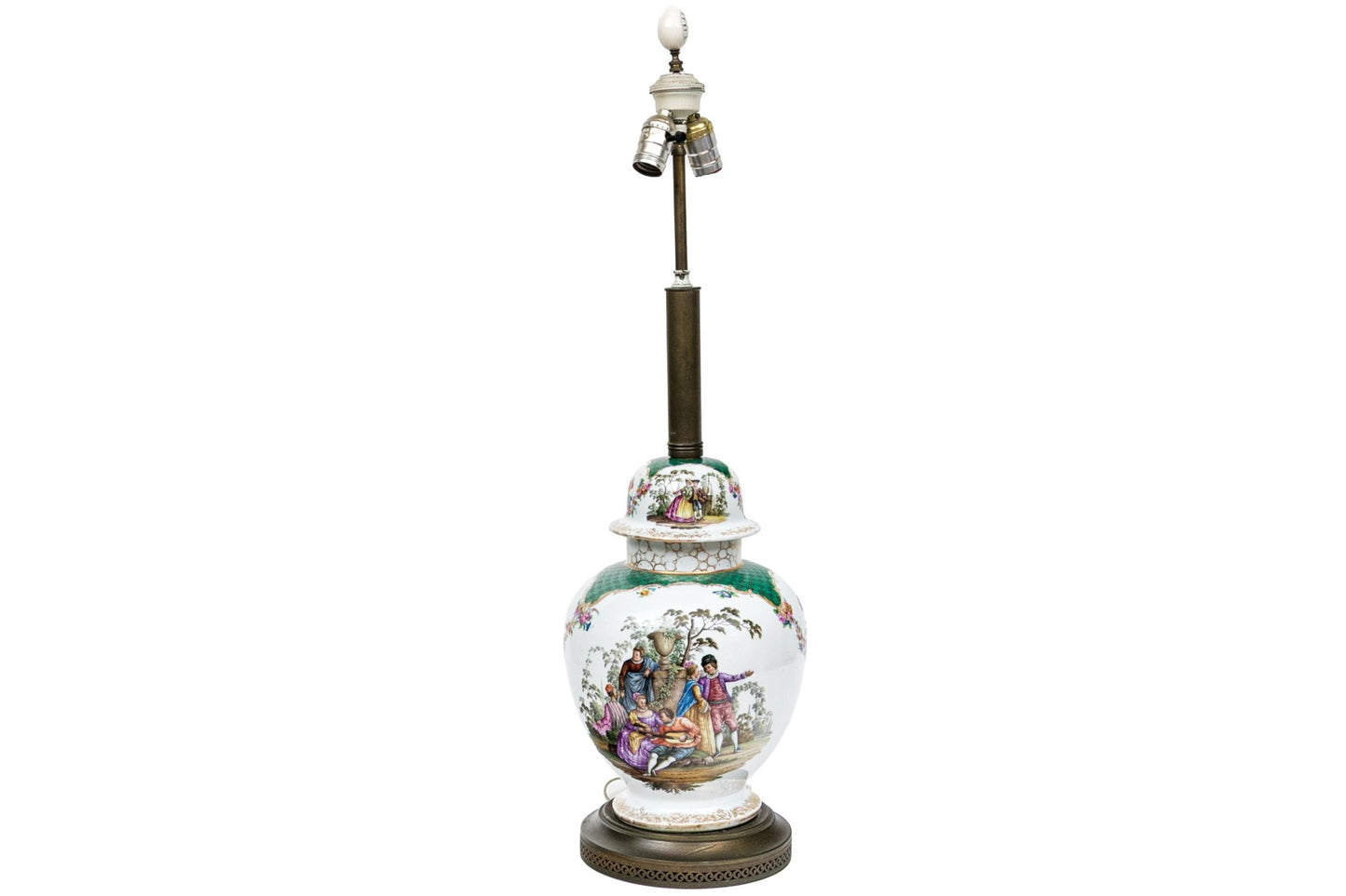 Antique Continental Hand-Painted Porcelain Baluster Jar Table Lamp | Watteau Figural Scenes | C. 1890