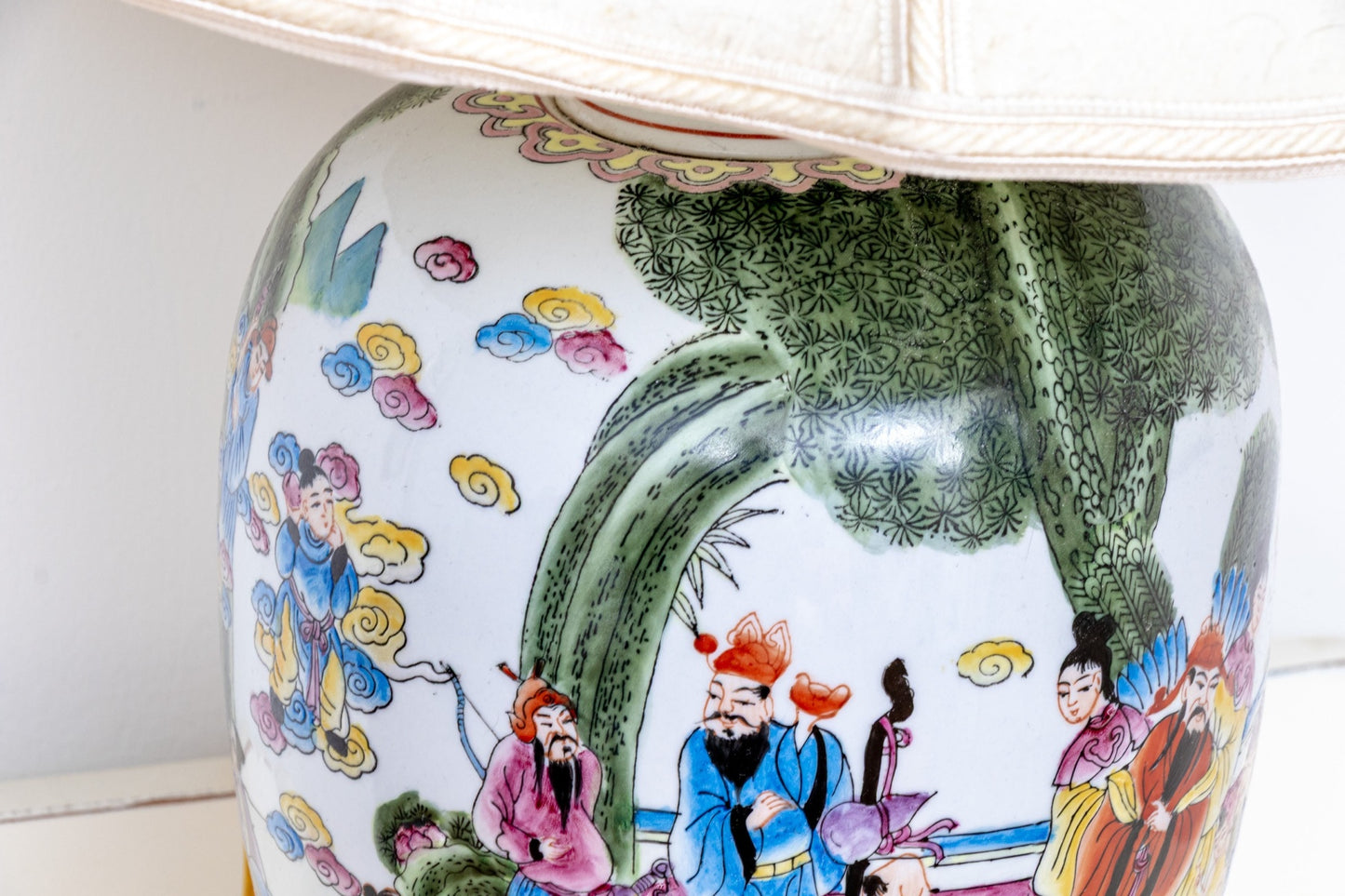 Chinese Famille Rose Porcelain Ovoid Vase Table Lamp | Celestial Court Figures | Carved Jade Finial | Mid-20th Century