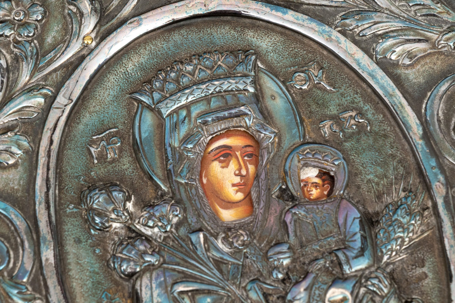 Antique 19th Century Greek Orthodox Icon — Theotokos (Mother of God) with Christ Child, 950 Silver Repoussé Riza, Carved Baroque Wood Frame, 15¾" H