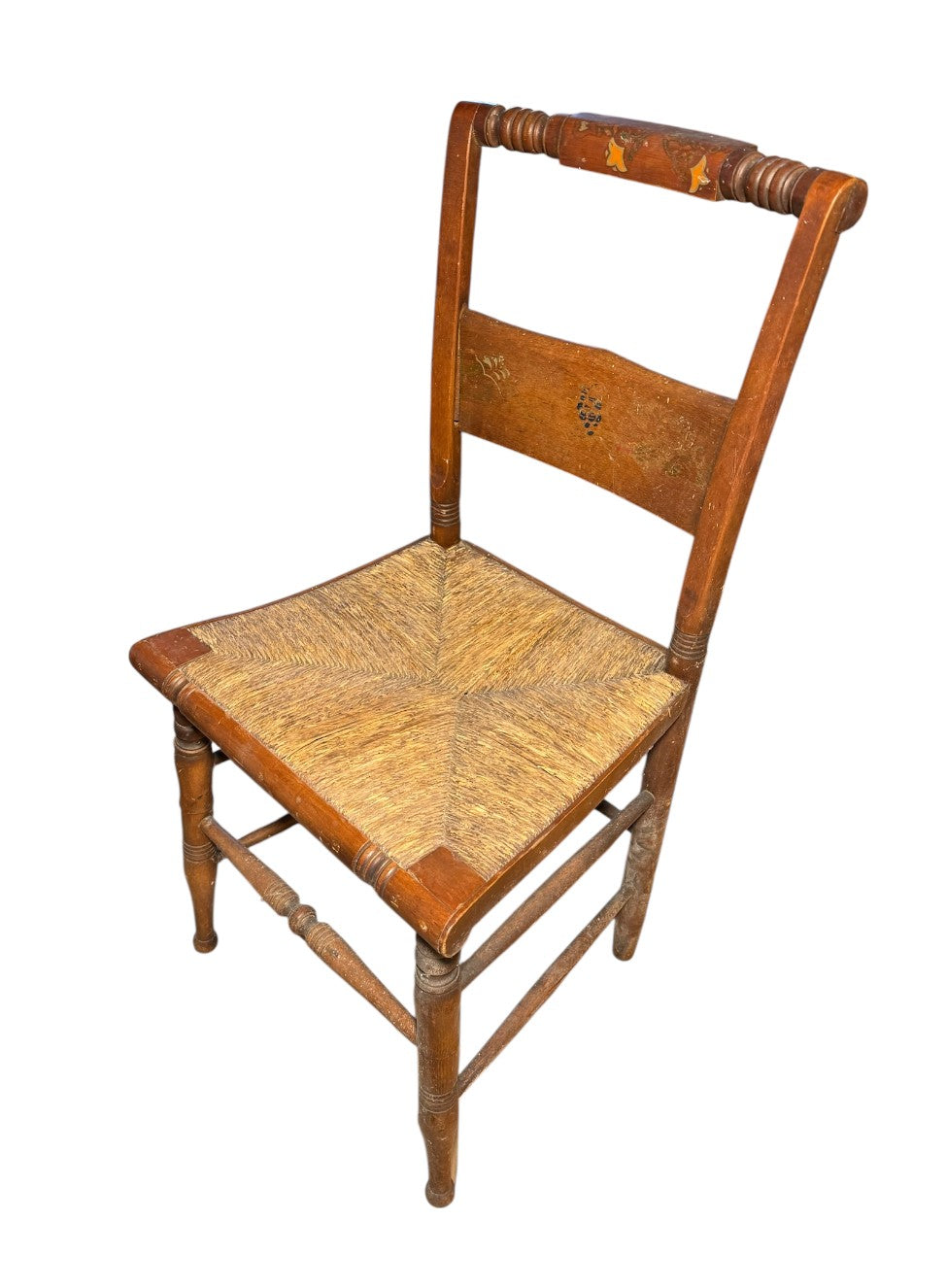 Set of 6 Antique Hitchcock-Style Stenciled Rush Seat Side Chairs — Fruit Basket Splat, Turned Legs & Stretchers — Complete Dining Set — American Federal Period
