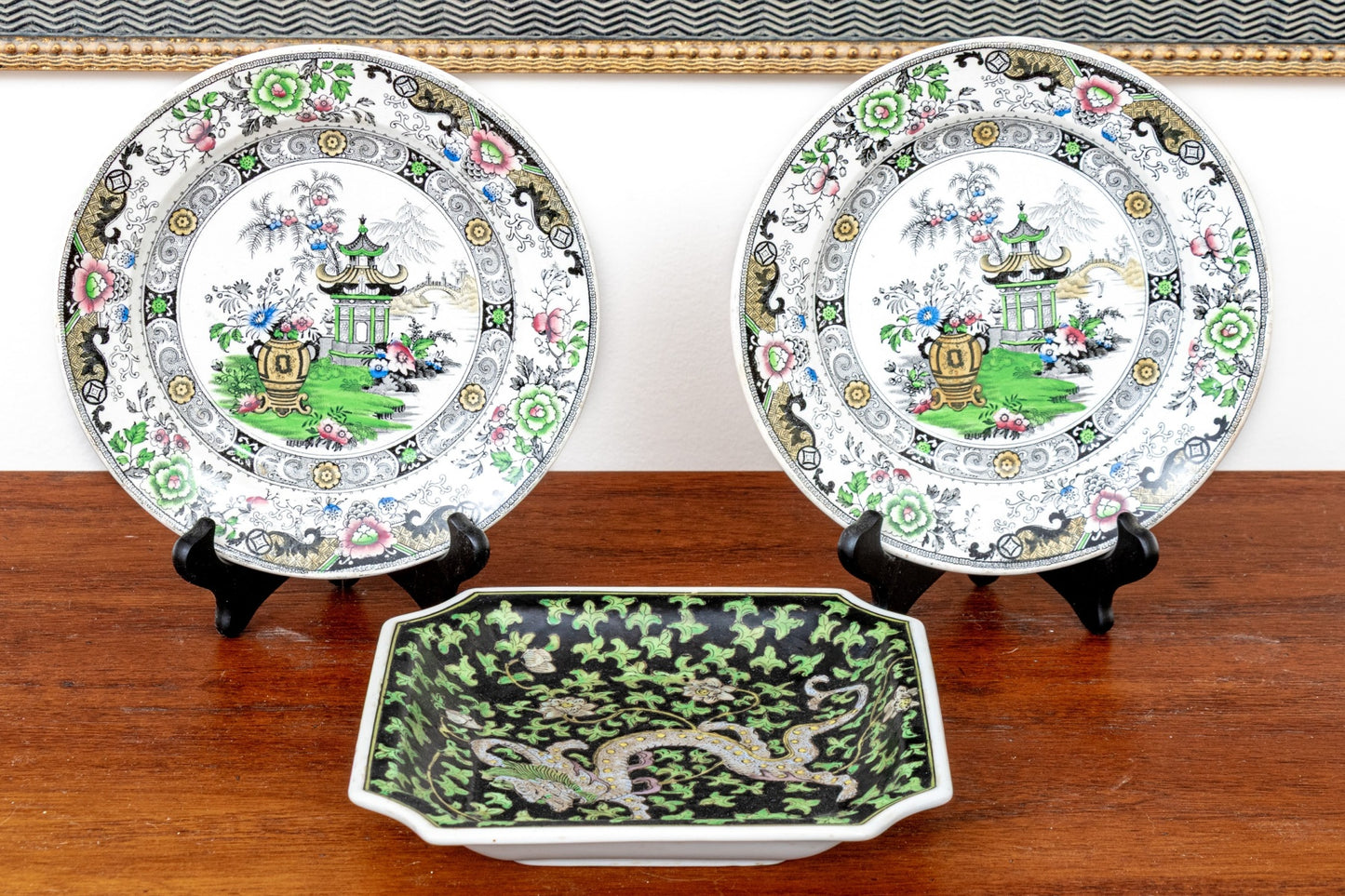 Antique French Creil Et Montereau Chinoiserie Transfer Plates | Pagoda & Garden Scene | C. 1840s–1870s | Pair