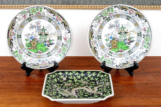 Antique French Creil Et Montereau Chinoiserie Transfer Plates | Pagoda & Garden Scene | C. 1840s–1870s | Pair