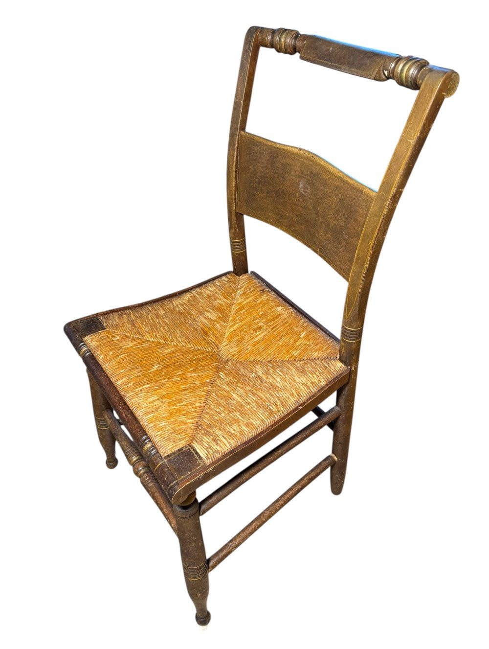 Set of 6 Antique Hitchcock-Style Stenciled Rush Seat Side Chairs — Fruit Basket Splat, Turned Legs & Stretchers — Complete Dining Set — American Federal Period
