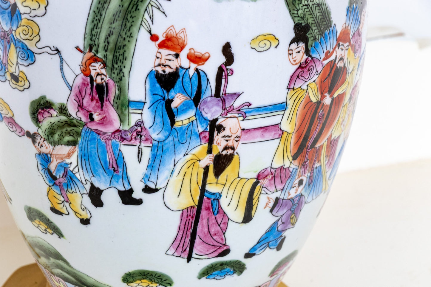 Chinese Famille Rose Porcelain Ovoid Vase Table Lamp | Celestial Court Figures | Carved Jade Finial | Mid-20th Century