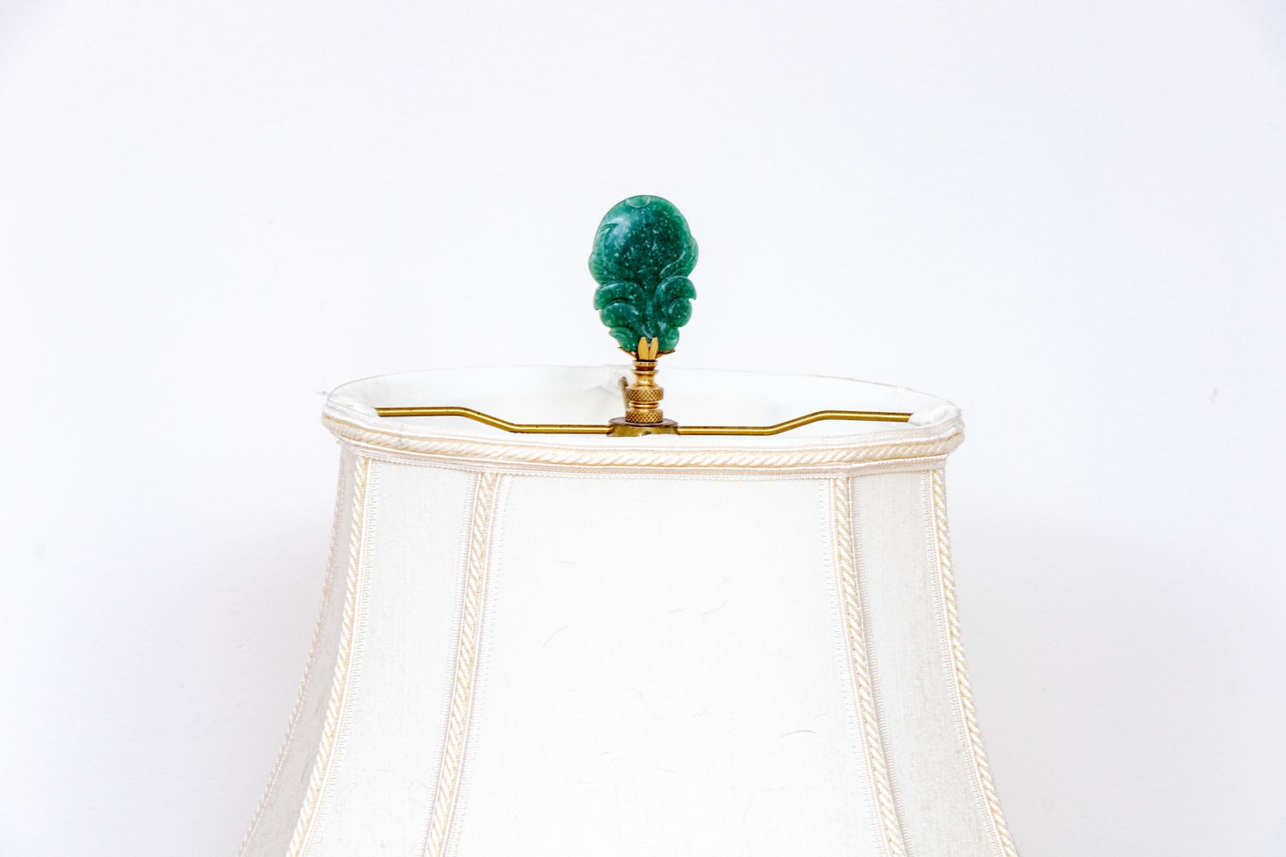 Chinese Famille Rose Porcelain Ovoid Vase Table Lamp | Celestial Court Figures | Carved Jade Finial | Mid-20th Century