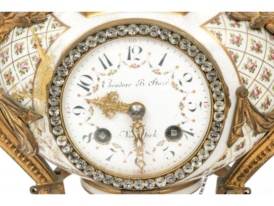 Antique French Louis XVI Sèvres-Style Porcelain & Gilt Bronze Mantel Clock — Signed Theodore B. Starr, New York, c. 1880–1900
