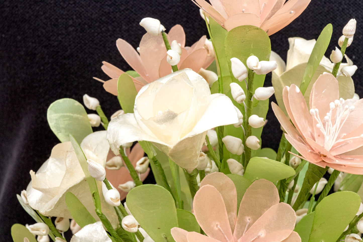 Vintage Filipino Capiz Shell Floral Arrangement | Cebu Handicraft | Natural Conch Shell Vase | C. 1960s–1970s