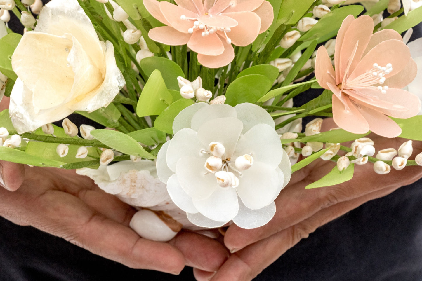 Vintage Filipino Capiz Shell Floral Arrangement | Cebu Handicraft | Natural Conch Shell Vase | C. 1960s–1970s