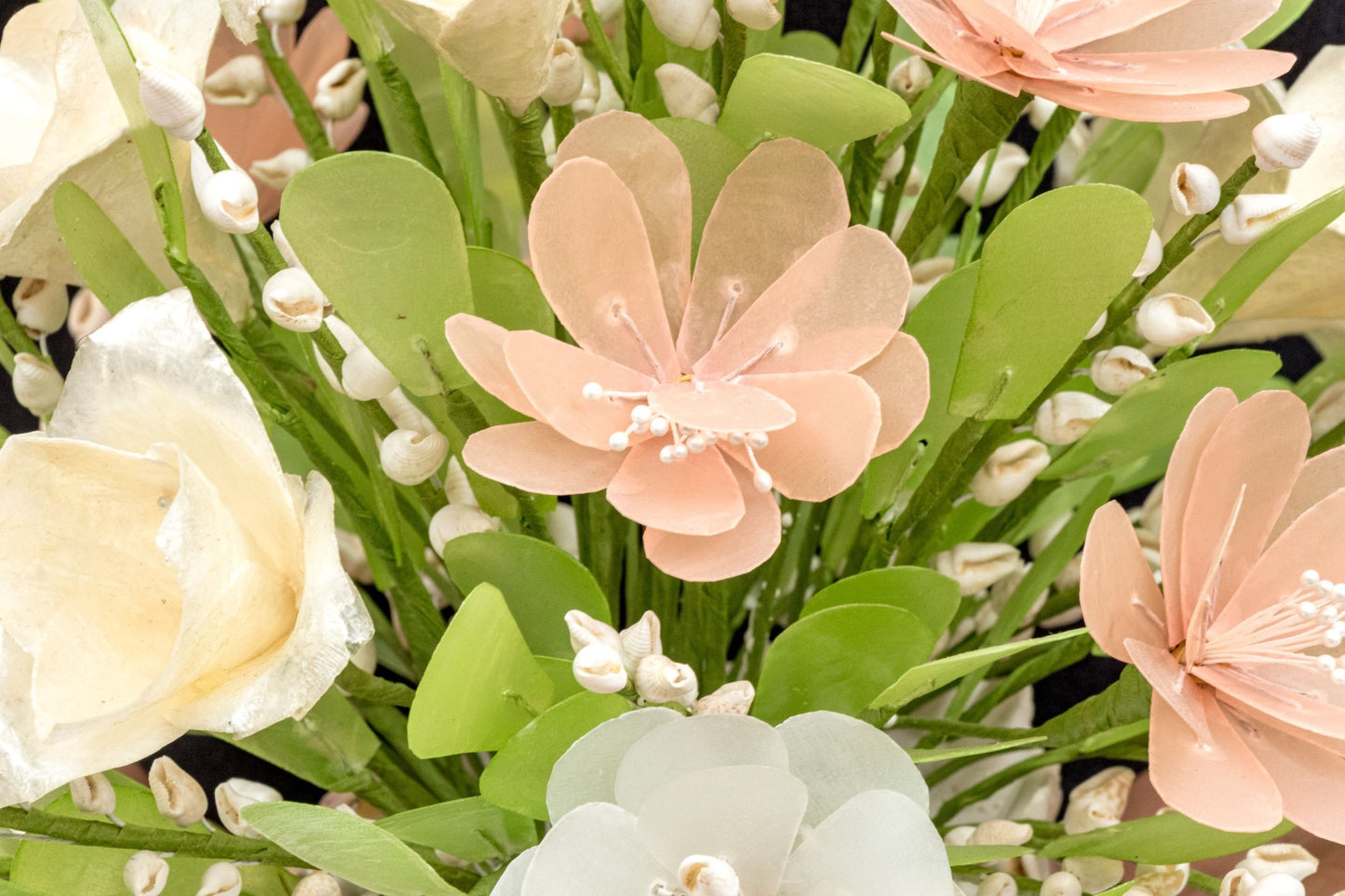 Vintage Filipino Capiz Shell Floral Arrangement | Cebu Handicraft | Natural Conch Shell Vase | C. 1960s–1970s