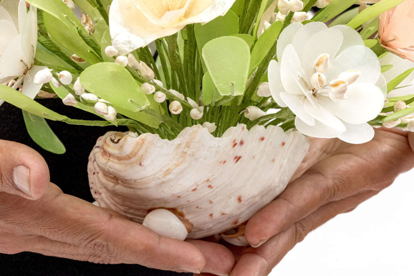 Vintage Filipino Capiz Shell Floral Arrangement | Cebu Handicraft | Natural Conch Shell Vase | C. 1960s–1970s