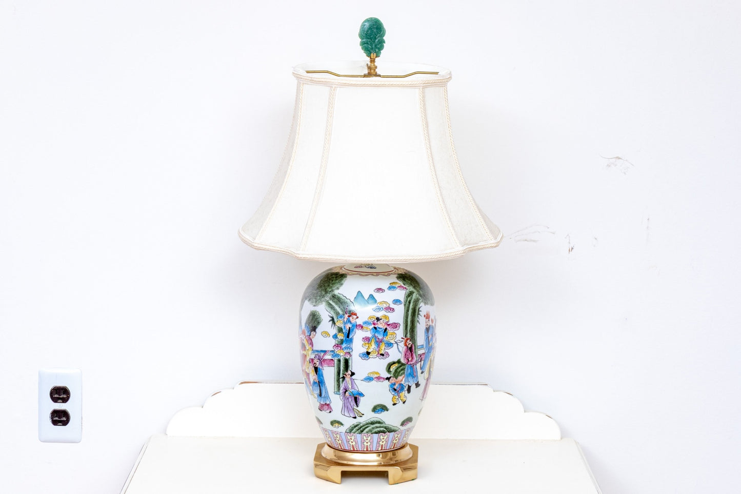 Chinese Famille Rose Porcelain Ovoid Vase Table Lamp | Celestial Court Figures | Carved Jade Finial | Mid-20th Century