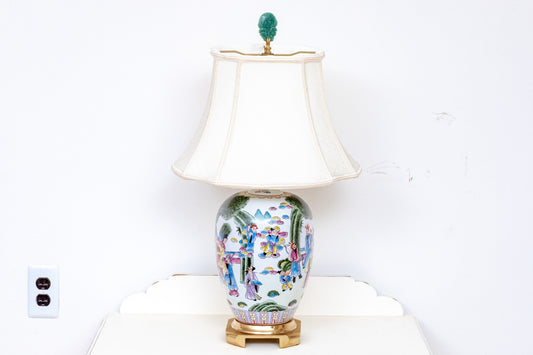 Chinese Famille Rose Porcelain Ovoid Vase Table Lamp | Celestial Court Figures | Carved Jade Finial | Mid-20th Century