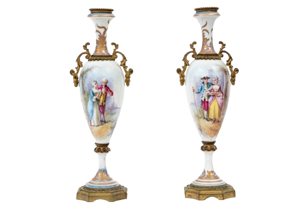 Antique French Sèvres-Style Porcelain Vases, Pair — Hand-Painted Gallant Courting Scenes, Gilt Bronze Mounts, Marked France, Late 19th C., 13¼" H