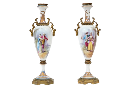 Antique French Sèvres-Style Porcelain Vases, Pair — Hand-Painted Gallant Courting Scenes, Gilt Bronze Mounts, Marked France, Late 19th C., 13¼" H