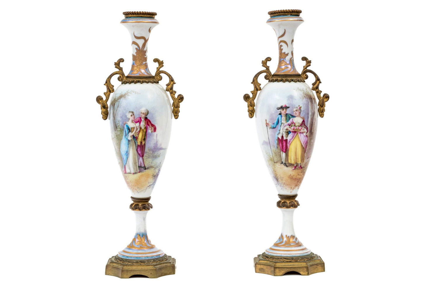 Antique French Sèvres-Style Porcelain Vases, Pair — Hand-Painted Gallant Courting Scenes, Gilt Bronze Mounts, Marked France, Late 19th C., 13¼" H