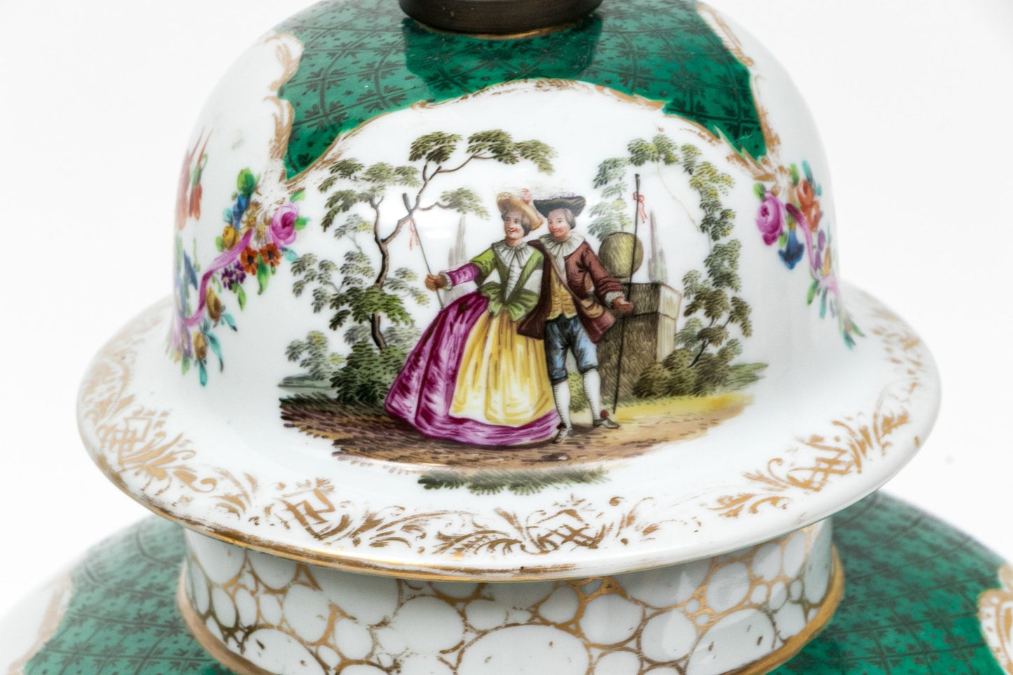 Antique Continental Hand-Painted Porcelain Baluster Jar Table Lamp | Watteau Figural Scenes | C. 1890