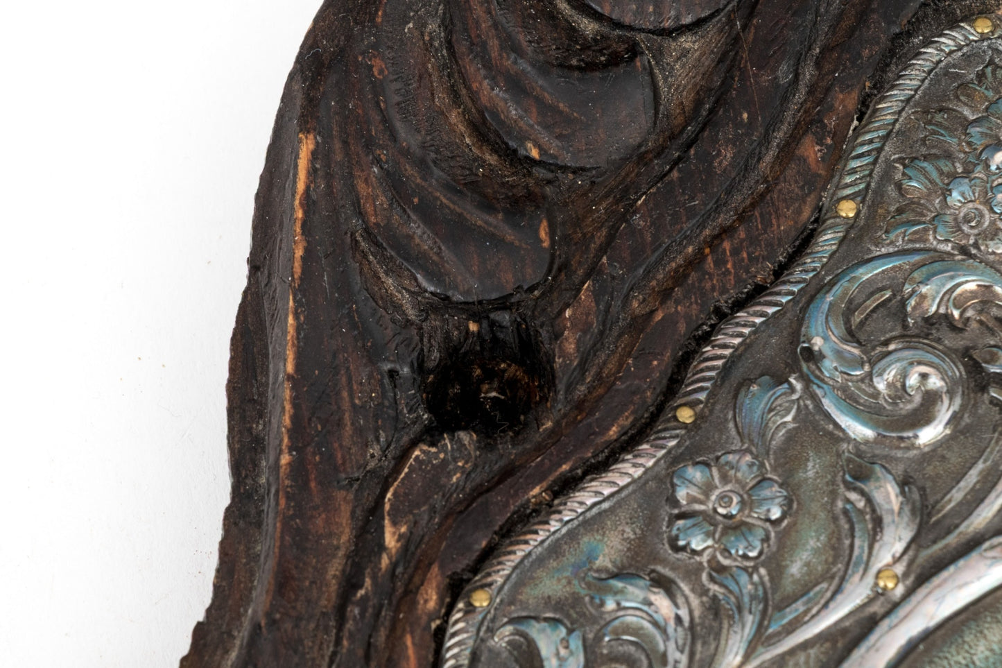 Antique 19th Century Greek Orthodox Icon — Theotokos (Mother of God) with Christ Child, 950 Silver Repoussé Riza, Carved Baroque Wood Frame, 15¾" H