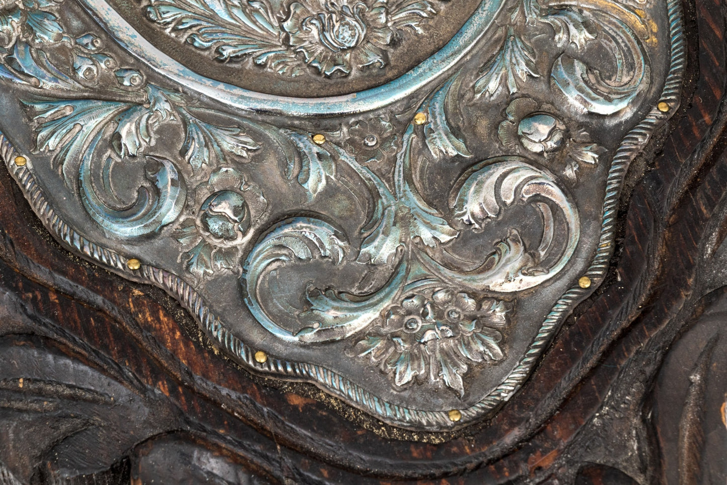 Antique 19th Century Greek Orthodox Icon — Theotokos (Mother of God) with Christ Child, 950 Silver Repoussé Riza, Carved Baroque Wood Frame, 15¾" H