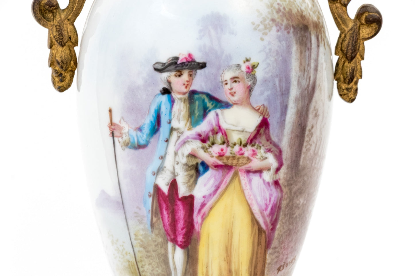 Antique French Sèvres-Style Porcelain Vases, Pair — Hand-Painted Gallant Courting Scenes, Gilt Bronze Mounts, Marked France, Late 19th C., 13¼" H