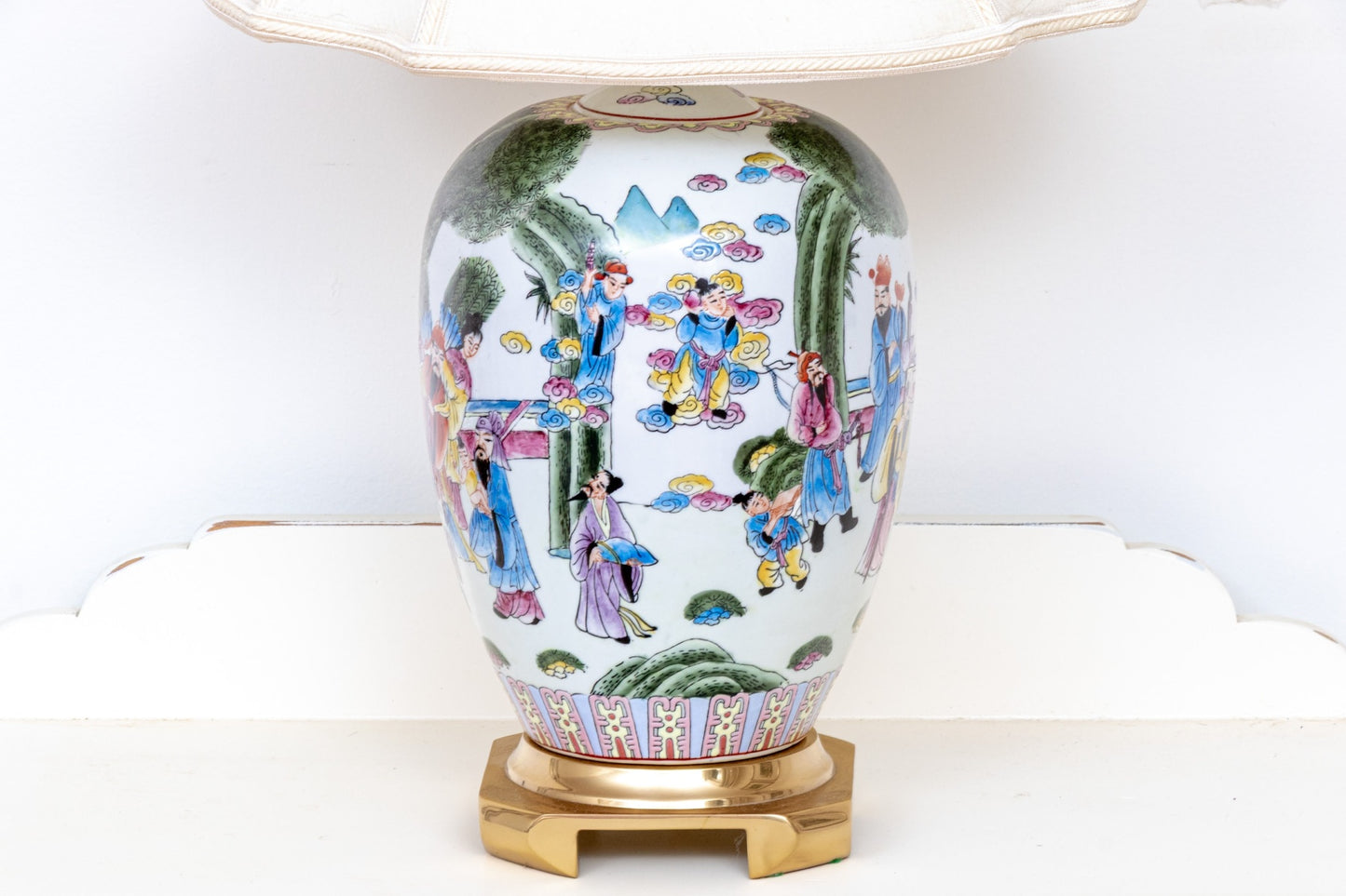 Chinese Famille Rose Porcelain Ovoid Vase Table Lamp | Celestial Court Figures | Carved Jade Finial | Mid-20th Century