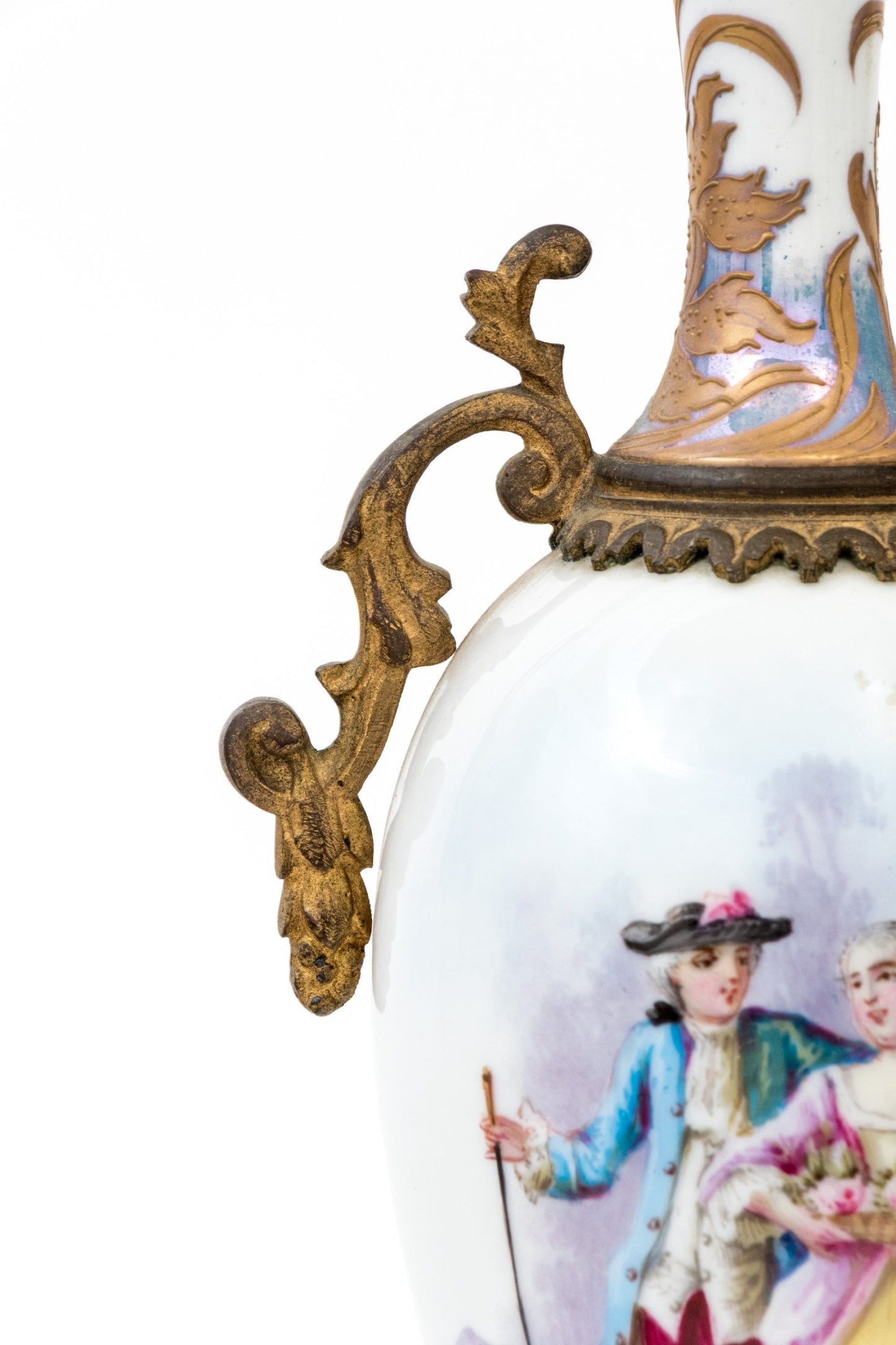 Antique French Sèvres-Style Porcelain Vases, Pair — Hand-Painted Gallant Courting Scenes, Gilt Bronze Mounts, Marked France, Late 19th C., 13¼" H
