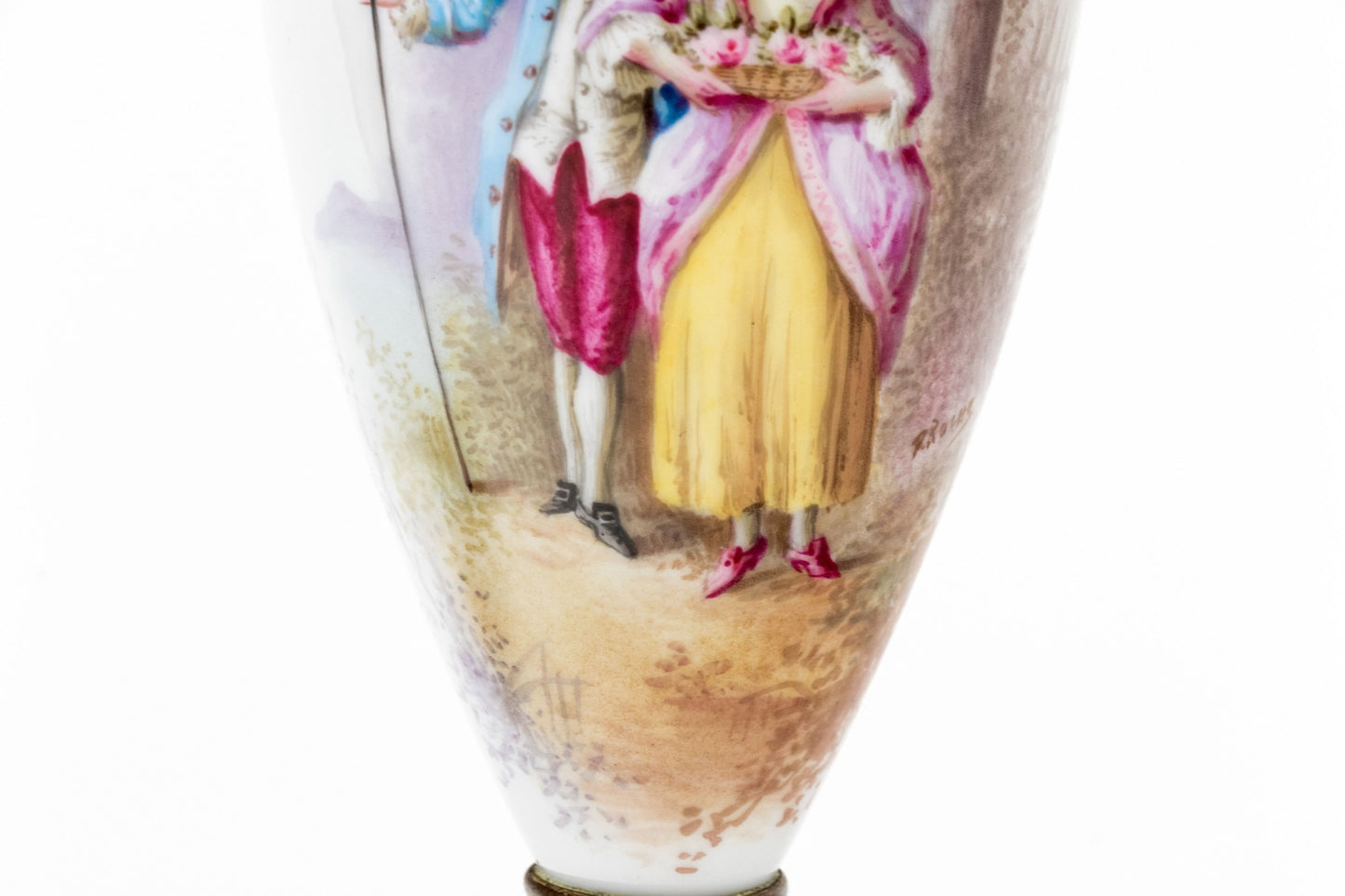 Antique French Sèvres-Style Porcelain Vases, Pair — Hand-Painted Gallant Courting Scenes, Gilt Bronze Mounts, Marked France, Late 19th C., 13¼" H