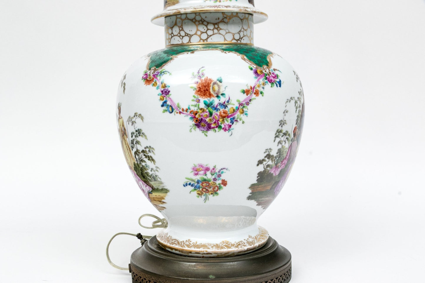 Antique Continental Hand-Painted Porcelain Baluster Jar Table Lamp | Watteau Figural Scenes | C. 1890