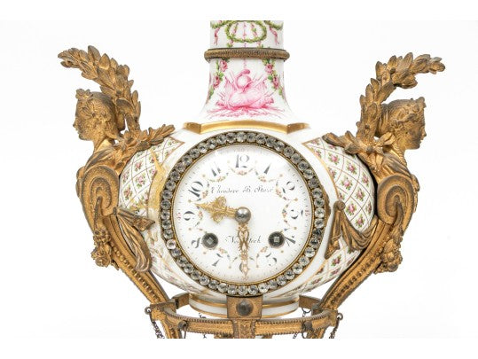 Antique French Louis XVI Sèvres-Style Porcelain & Gilt Bronze Mantel Clock — Signed Theodore B. Starr, New York, c. 1880–1900