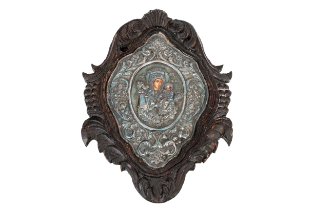 Antique 19th Century Greek Orthodox Icon — Theotokos (Mother of God) with Christ Child, 950 Silver Repoussé Riza, Carved Baroque Wood Frame, 15¾" H
