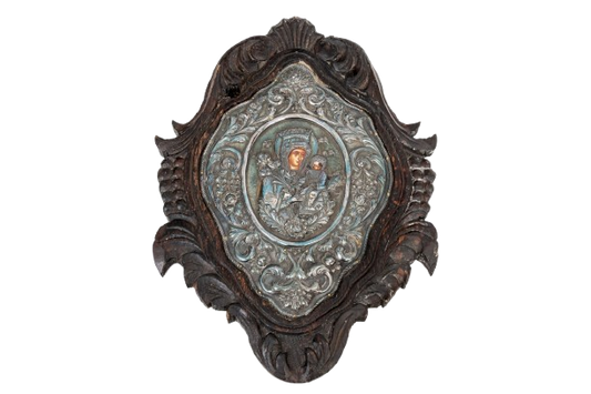 Antique 19th Century Greek Orthodox Icon — Theotokos (Mother of God) with Christ Child, 950 Silver Repoussé Riza, Carved Baroque Wood Frame, 15¾" H