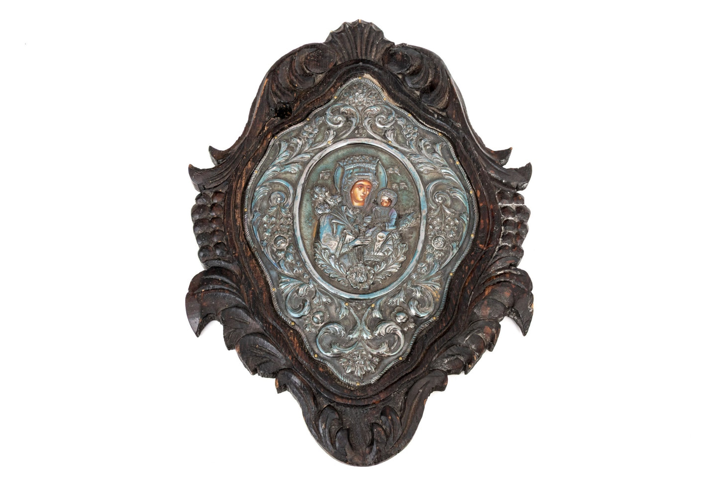 Antique 19th Century Greek Orthodox Icon — Theotokos (Mother of God) with Christ Child, 950 Silver Repoussé Riza, Carved Baroque Wood Frame, 15¾" H