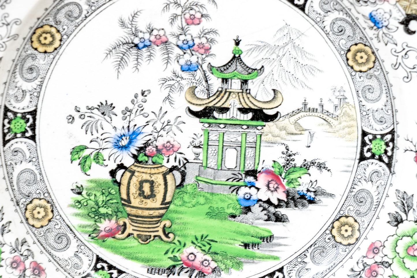 Antique French Creil Et Montereau Chinoiserie Transfer Plates | Pagoda & Garden Scene | C. 1840s–1870s | Pair
