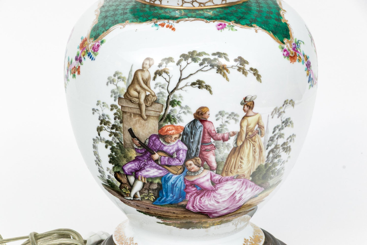 Antique Continental Hand-Painted Porcelain Baluster Jar Table Lamp | Watteau Figural Scenes | C. 1890