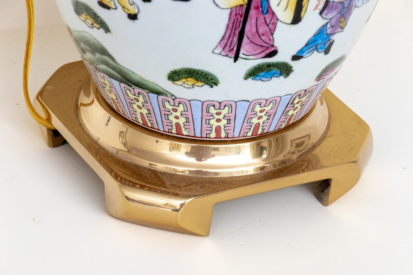 Chinese Famille Rose Porcelain Ovoid Vase Table Lamp | Celestial Court Figures | Carved Jade Finial | Mid-20th Century