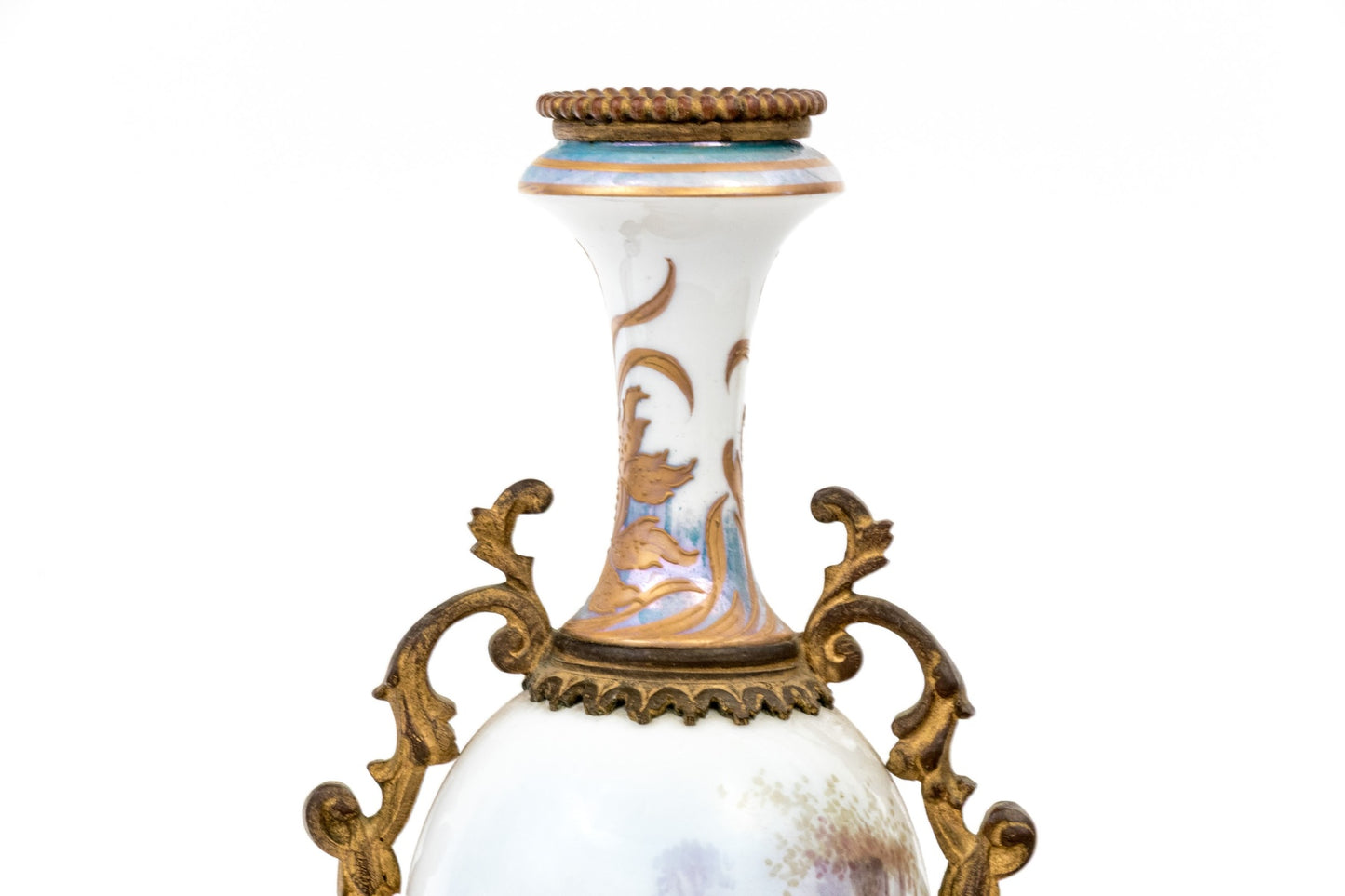 Antique French Sèvres-Style Porcelain Vases, Pair — Hand-Painted Gallant Courting Scenes, Gilt Bronze Mounts, Marked France, Late 19th C., 13¼" H