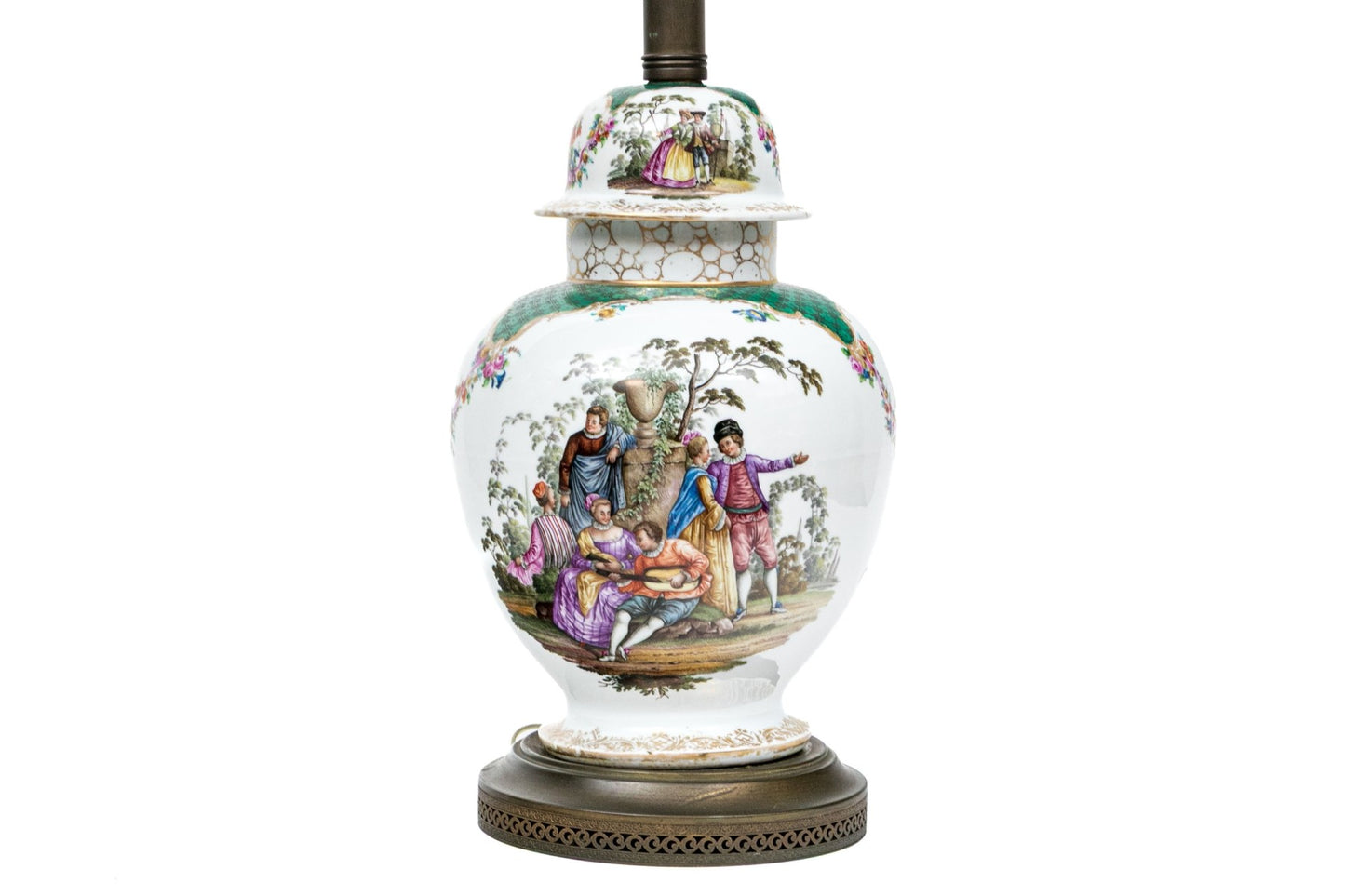 Antique Continental Hand-Painted Porcelain Baluster Jar Table Lamp | Watteau Figural Scenes | C. 1890