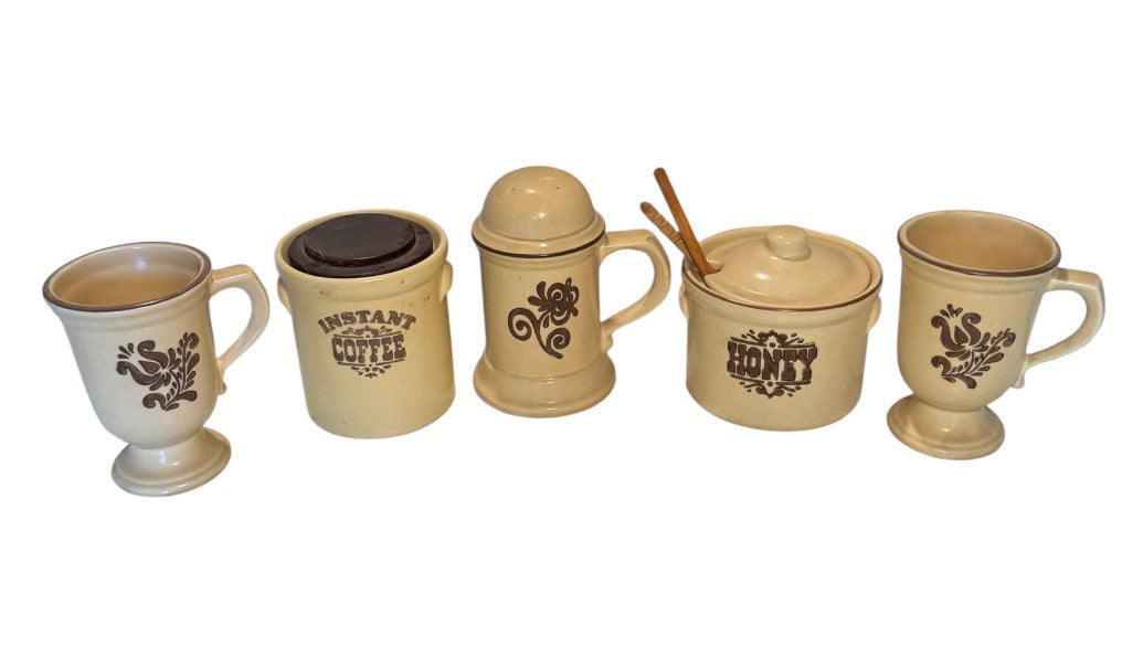 Pfaltzgraff Village Pattern 5-Piece Coffee Set — Footed Mugs, Instant Coffee Canister, Sugar Shaker & Honey Jar — Vintage 1970s USA