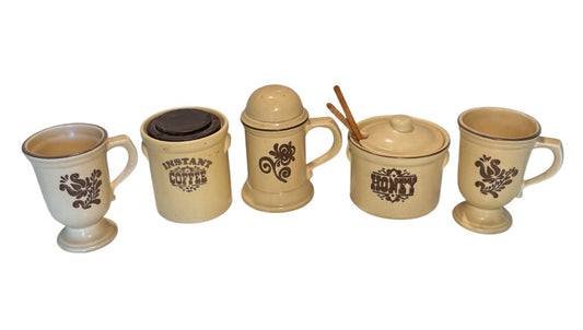 Pfaltzgraff Village Pattern 5-Piece Coffee Set — Footed Mugs, Instant Coffee Canister, Sugar Shaker & Honey Jar — Vintage 1970s USA