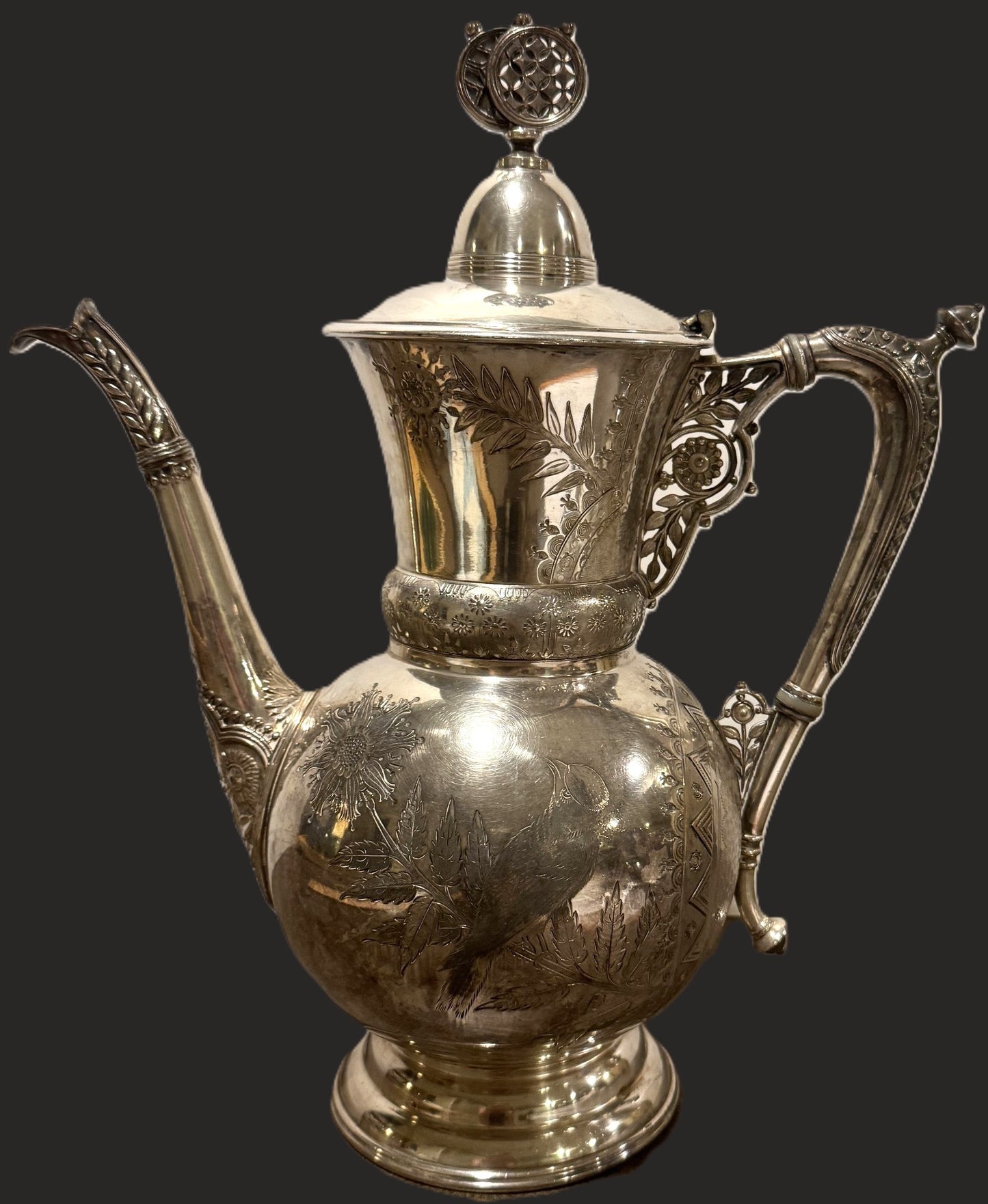 Vintage 1946 Rogers Smith Silver-Plated Tea Kettle Pot – Engraved Floral & Bird Design
