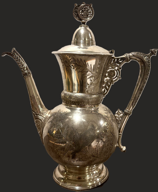 Vintage 1946 Rogers Smith Silver-Plated Tea Kettle Pot – Engraved Floral & Bird Design