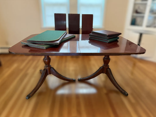 Mahogany Double-Pedestal Dining Table with 3 Leaves & Custom Pads