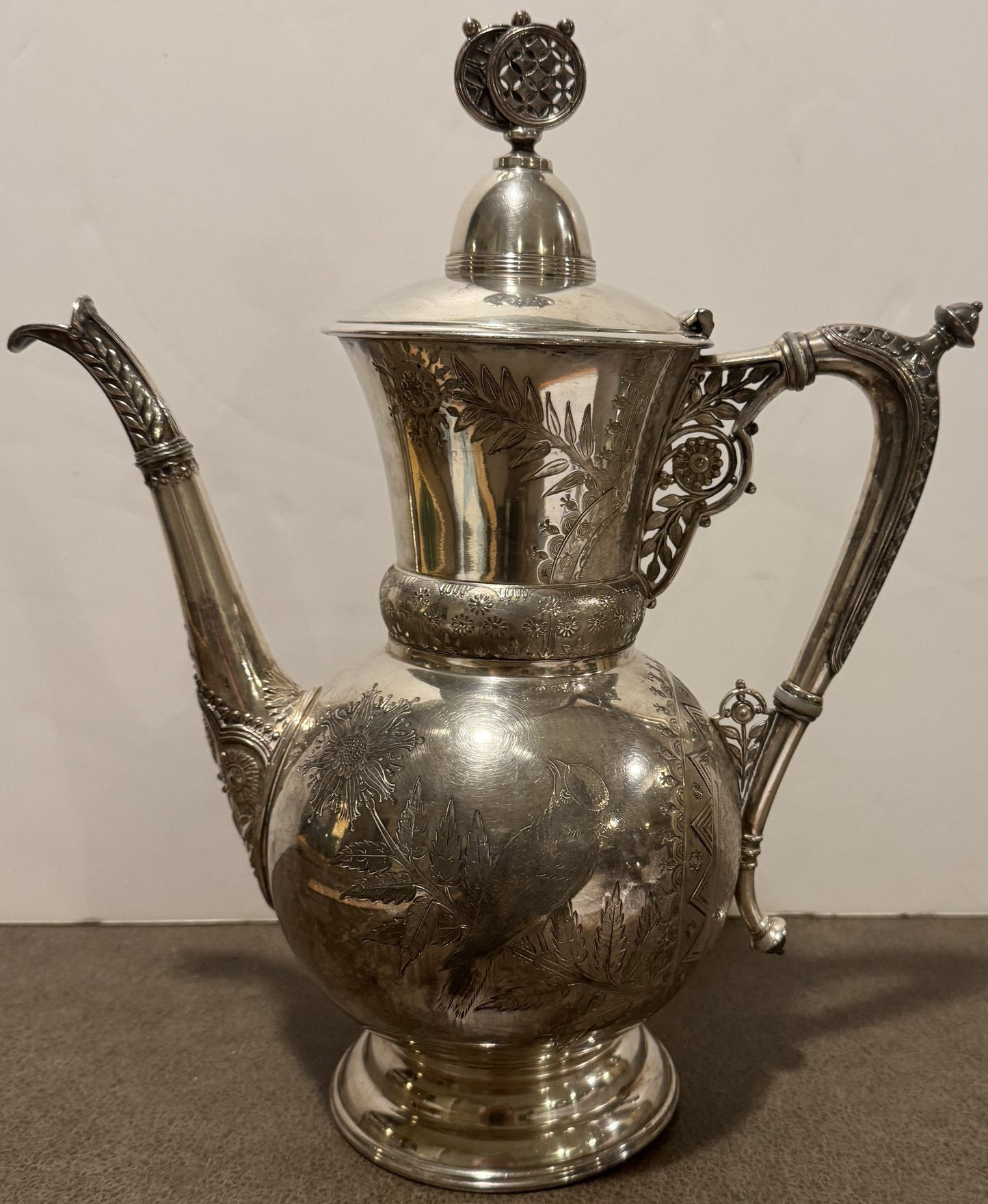 Vintage 1946 Rogers Smith Silver-Plated Tea Kettle Pot – Engraved Floral & Bird Design